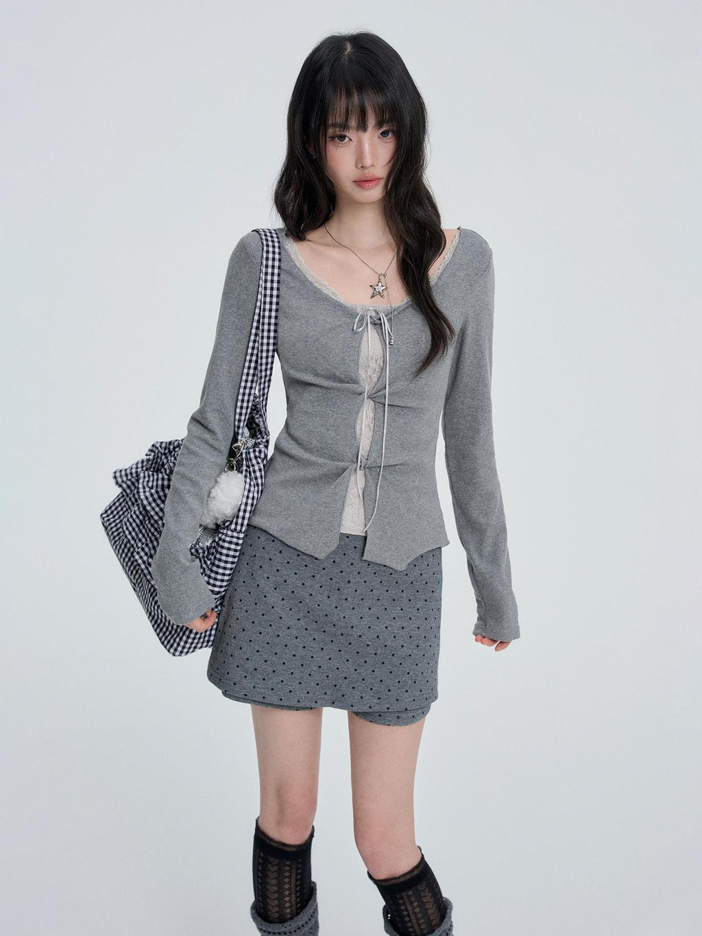 VEEMIX Gray Polka Dot Bodycon Korean A Line Cotton Blend Women's Mini Skirts