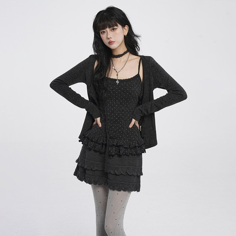 VEEMIX_Gray_Polka_Dot_Cropped_Cardigan_Low_Neck_Slim_Women's_Rayon_Camisoles_998871607644_MISSTT