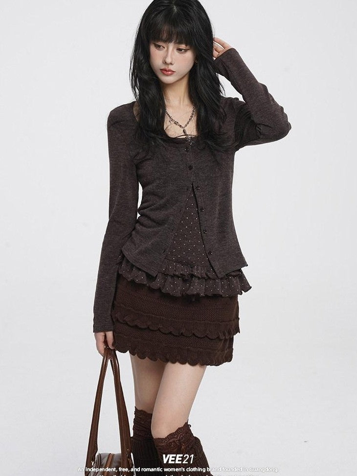 VEEMIX Gray Polka Dot Cropped Cardigan Low Neck Slim Women's Rayon Camisoles