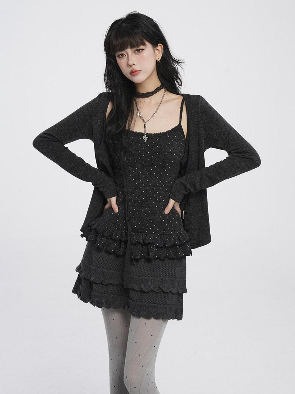 VEEMIX Gray Polka Dot Cropped Cardigan Low Neck Slim Women's Rayon Camisoles