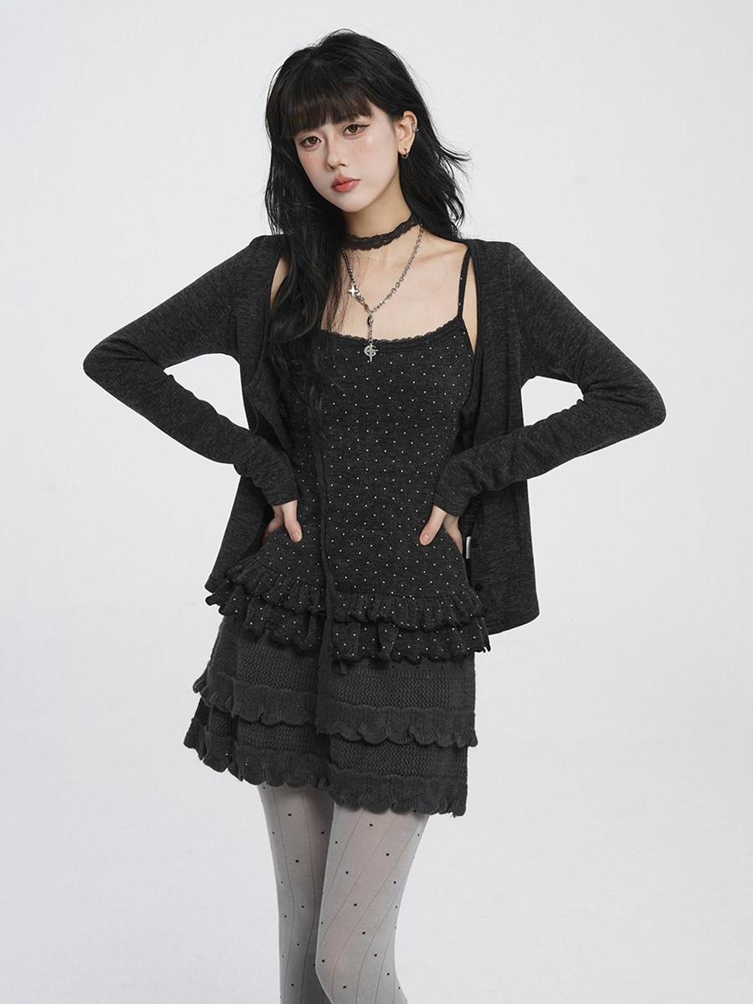 VEEMIX Gray Polka Dot Cropped Cardigan Low Neck Slim Women's Rayon Camisoles