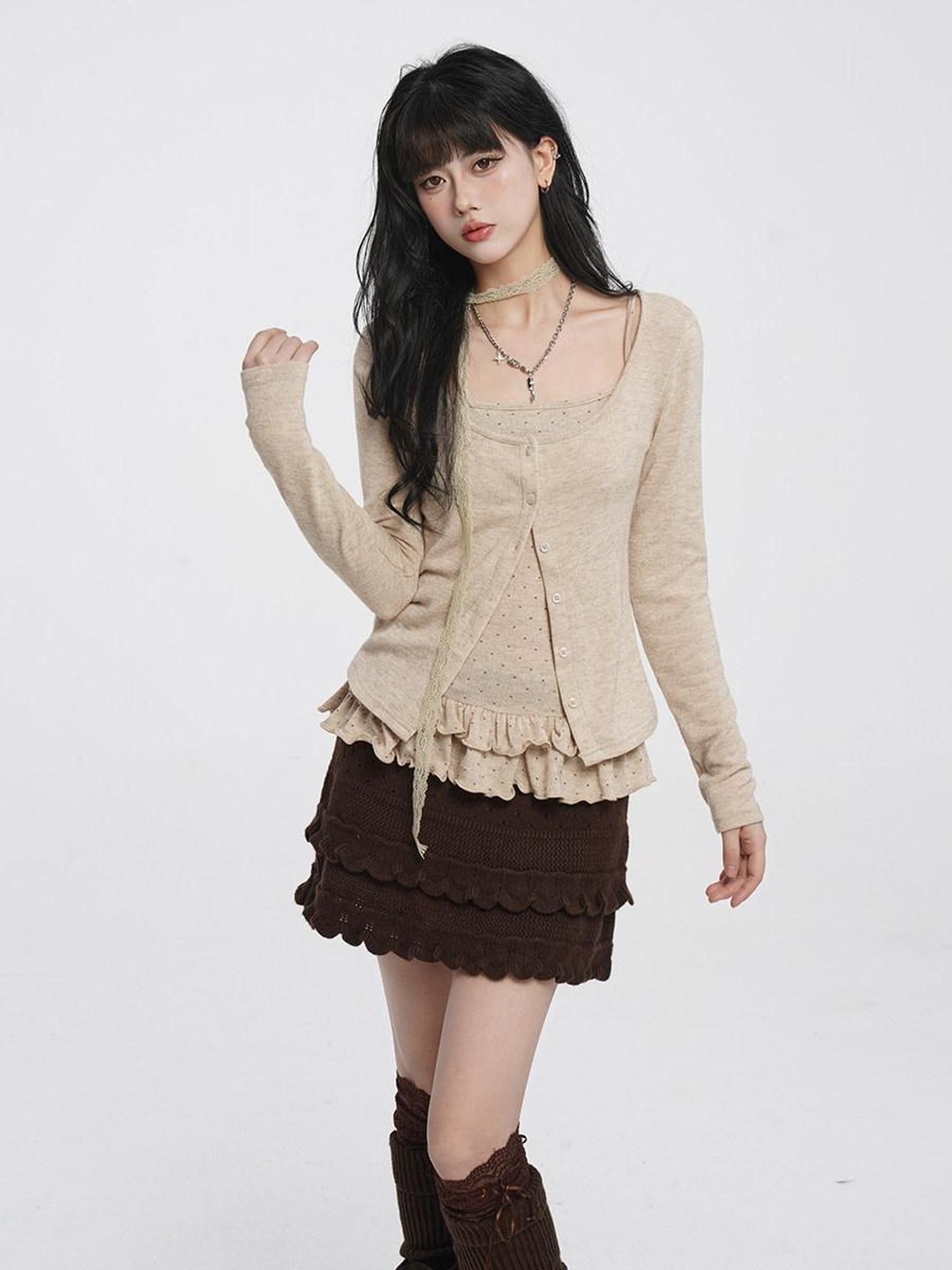 VEEMIX Gray Polka Dot Cropped Cardigan Low Neck Slim Women's Rayon Camisoles