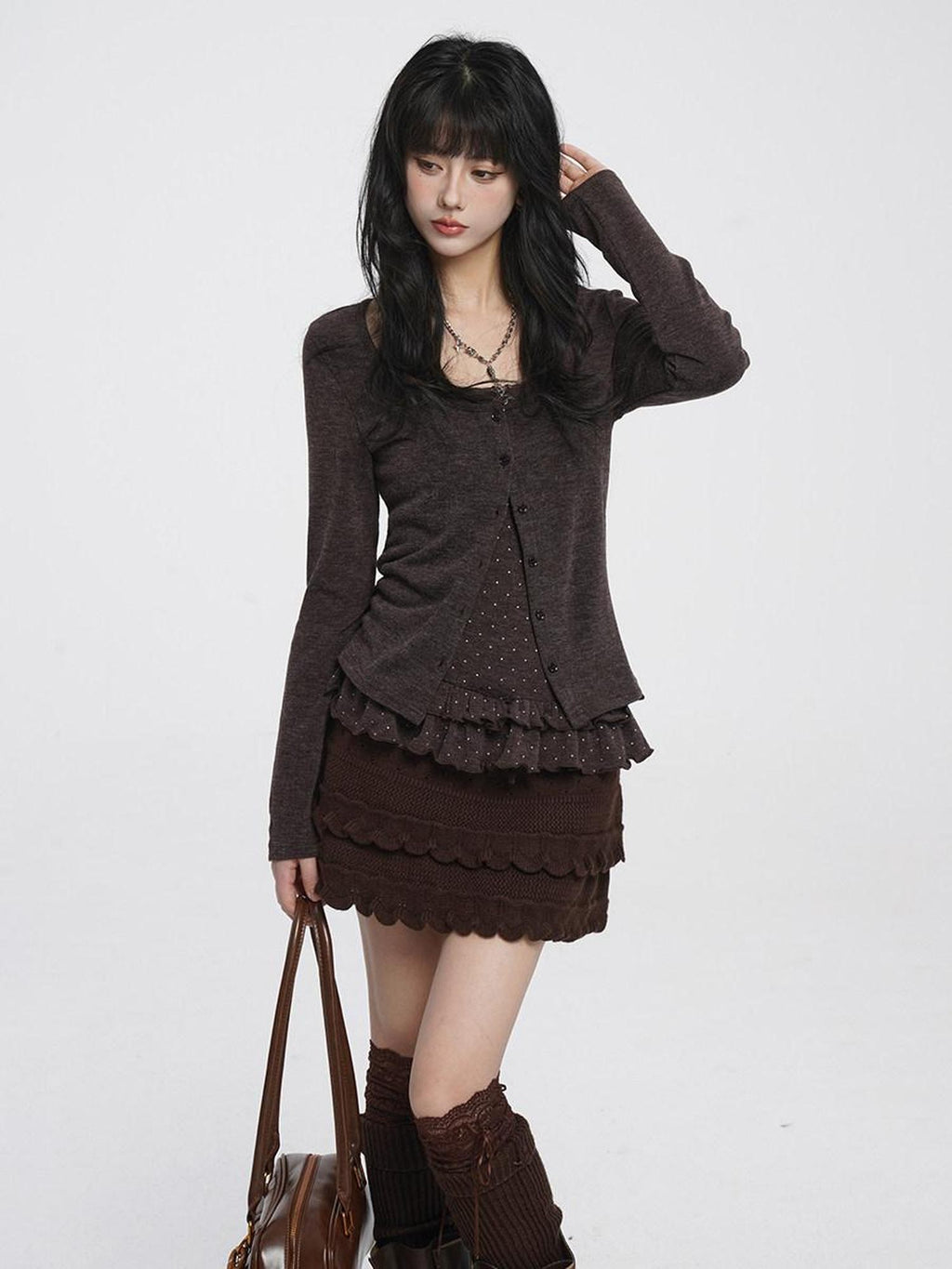 VEEMIX Gray Polka Dot Cropped Cardigan Low Neck Slim Women's Rayon Camisoles