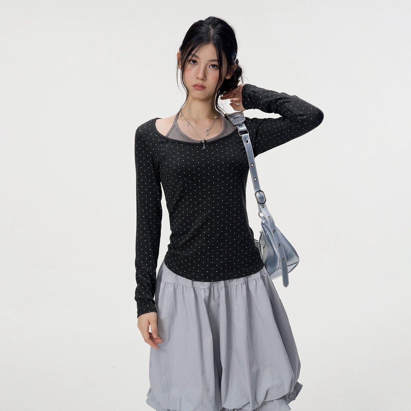 VEEMIX_Gray_Polka_Dot_Halter_Tie_Faux_Layered_Women's_Rayon_Cotton_Long_Sleeve_T-shirts_1074040612148_MISSTT