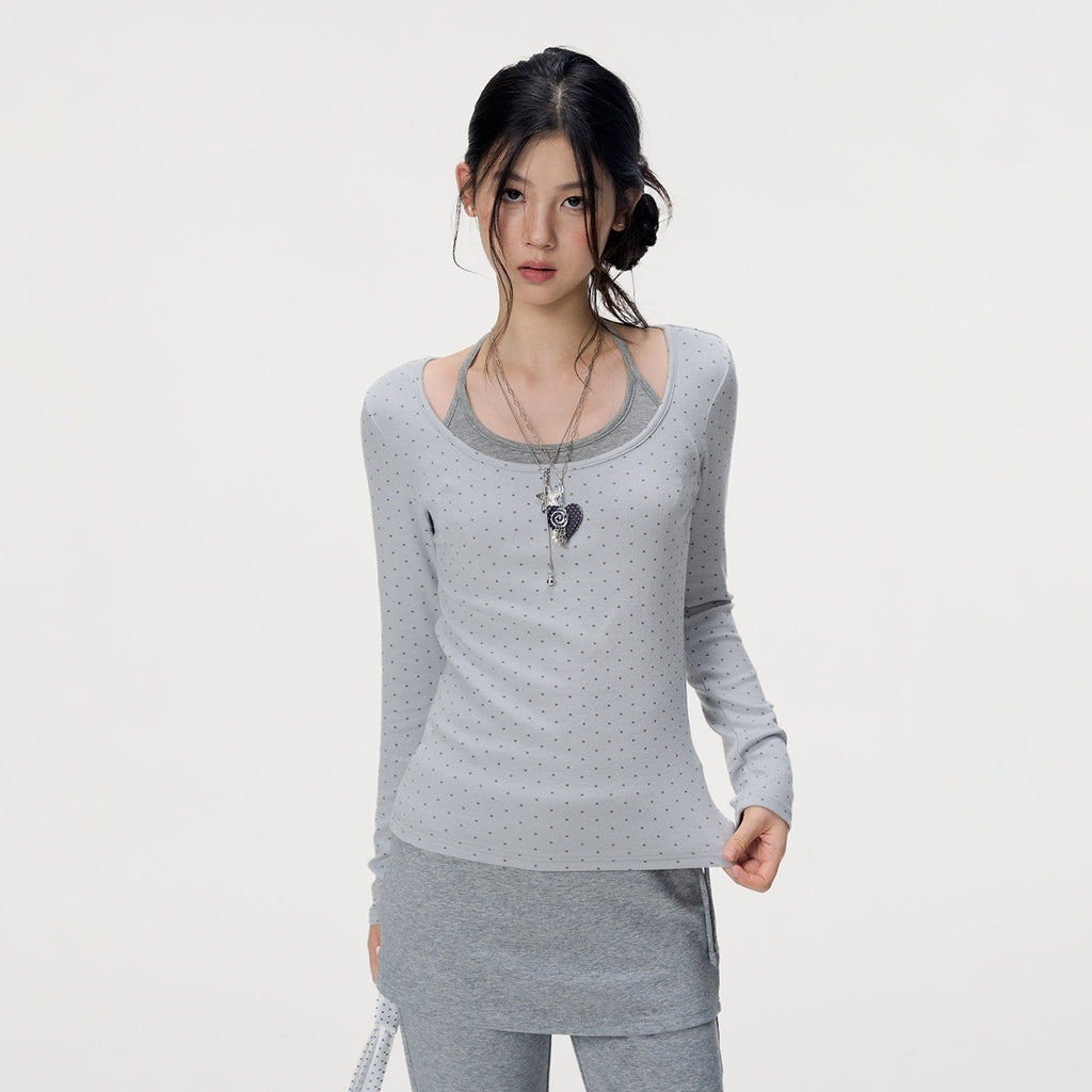 VEEMIX_Gray_Polka_Dot_Halter_Tie_Faux_Layered_Women's_Rayon_Cotton_Long_Sleeve_T-shirts_1074040612148_MISSTT