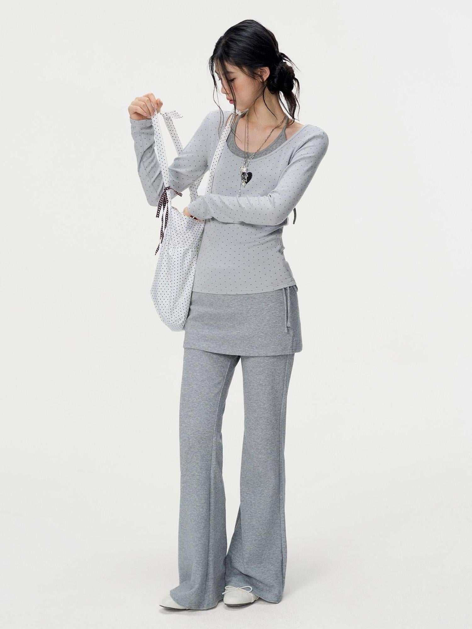 VEEMIX Gray Polka Dot Halter Tie Faux Layered Women's Rayon Cotton Long Sleeve T-shirts