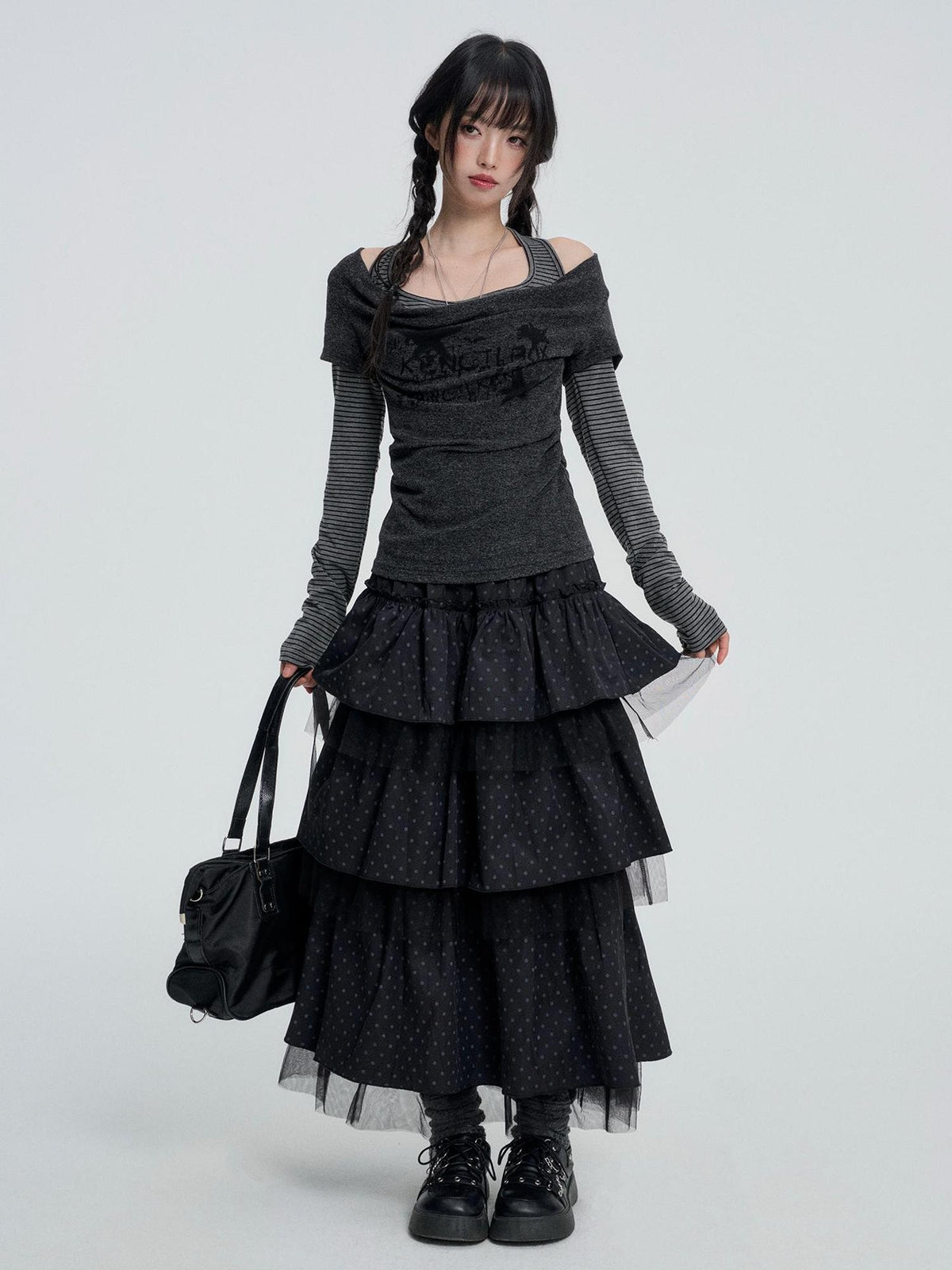 VEEMIX Gray Polka Dot Mesh Spliced Layered Tiered High Waist Women's Maxi Skirts