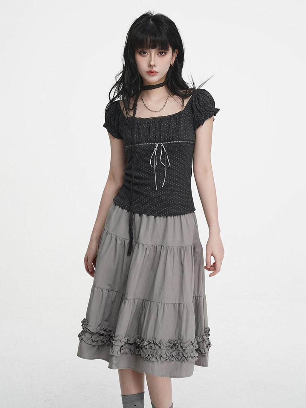 VEEMIX Gray Polka Dot Pleated Puff Sleeve Women's Cotton Blend Short Sleeve T-shirts