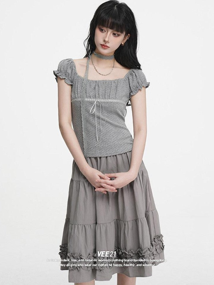 VEEMIX Gray Polka Dot Pleated Puff Sleeve Women's Cotton Blend Short Sleeve T-shirts