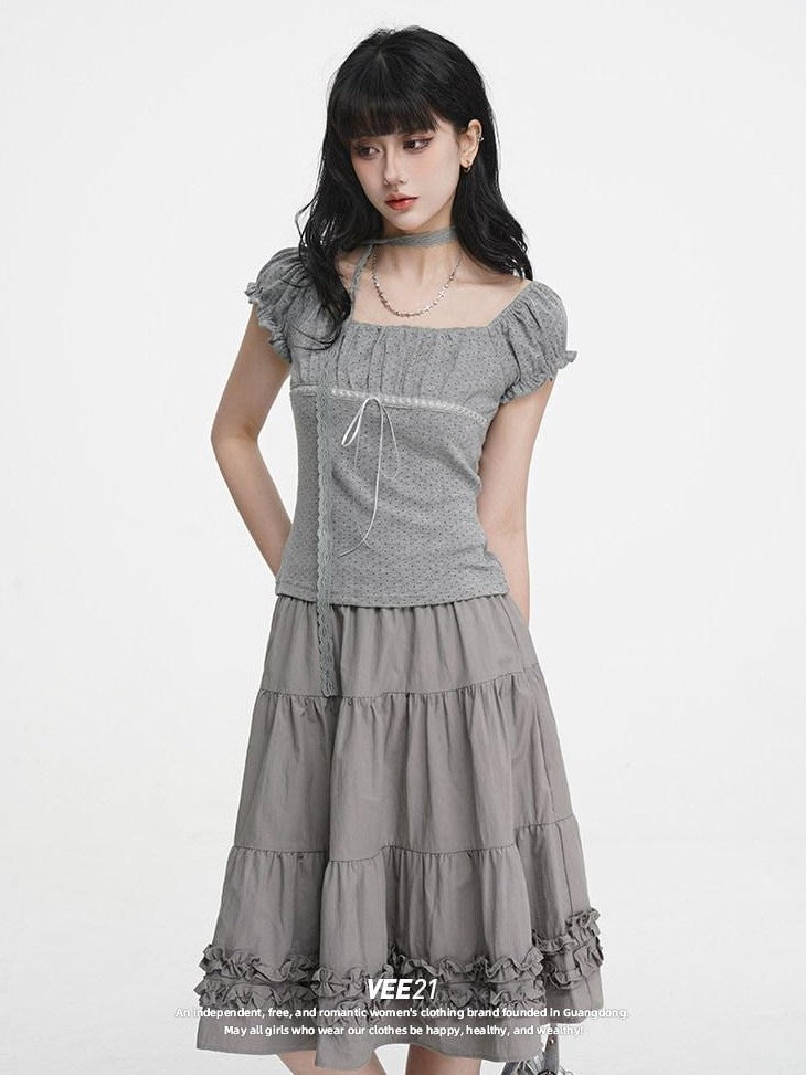 VEEMIX Gray Polka Dot Pleated Puff Sleeve Women's Cotton Blend Short Sleeve T-shirts