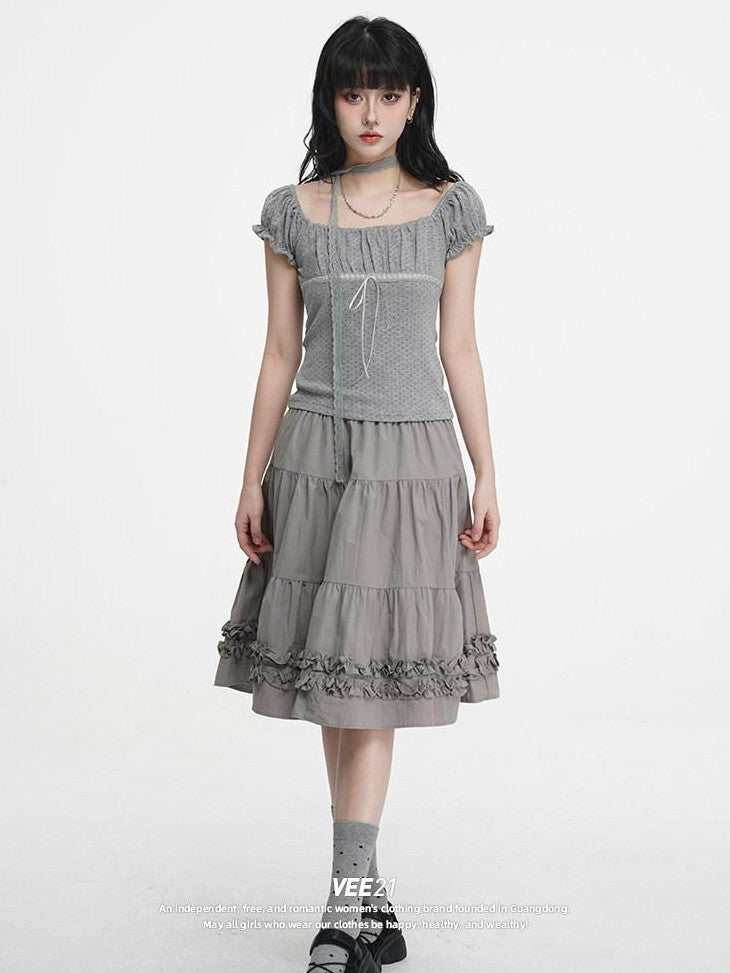 VEEMIX Gray Polka Dot Pleated Puff Sleeve Women's Cotton Blend Short Sleeve T-shirts