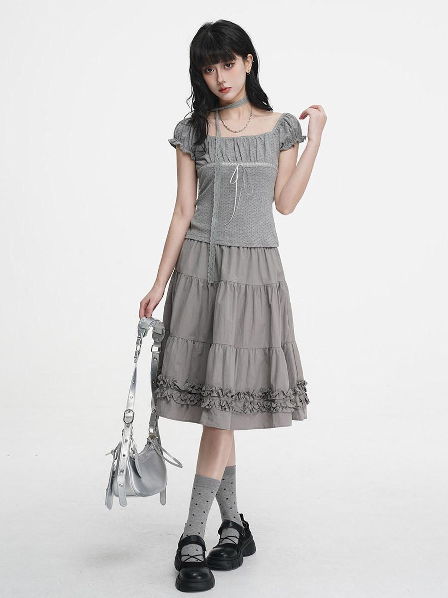 VEEMIX Gray Polka Dot Pleated Puff Sleeve Women's Cotton Blend Short Sleeve T-shirts