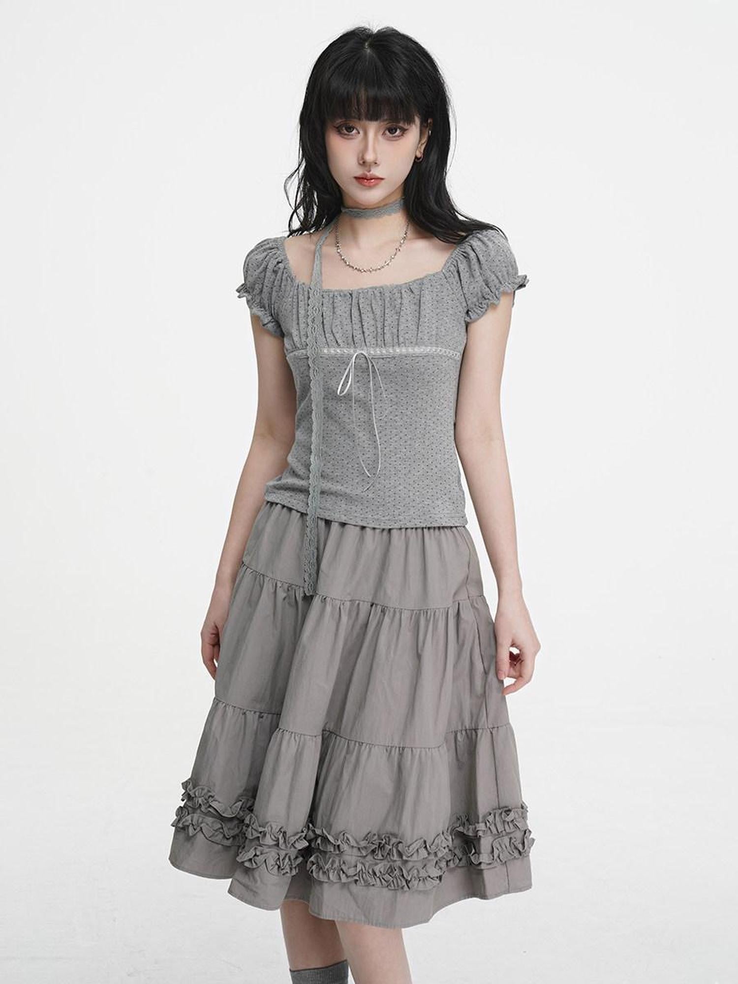 VEEMIX Gray Polka Dot Pleated Puff Sleeve Women's Cotton Blend Short Sleeve T-shirts