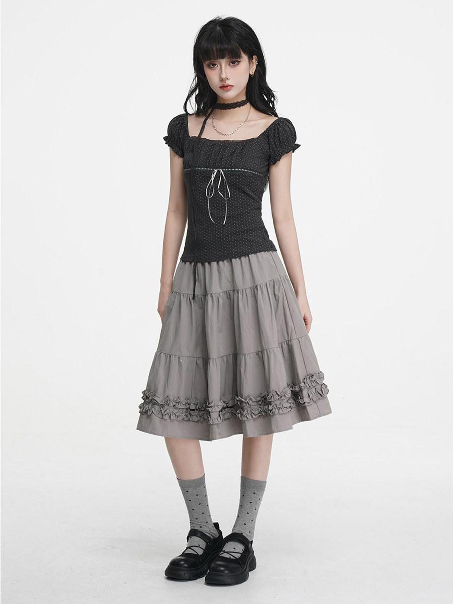 VEEMIX Gray Polka Dot Pleated Puff Sleeve Women's Cotton Blend Short Sleeve T-shirts