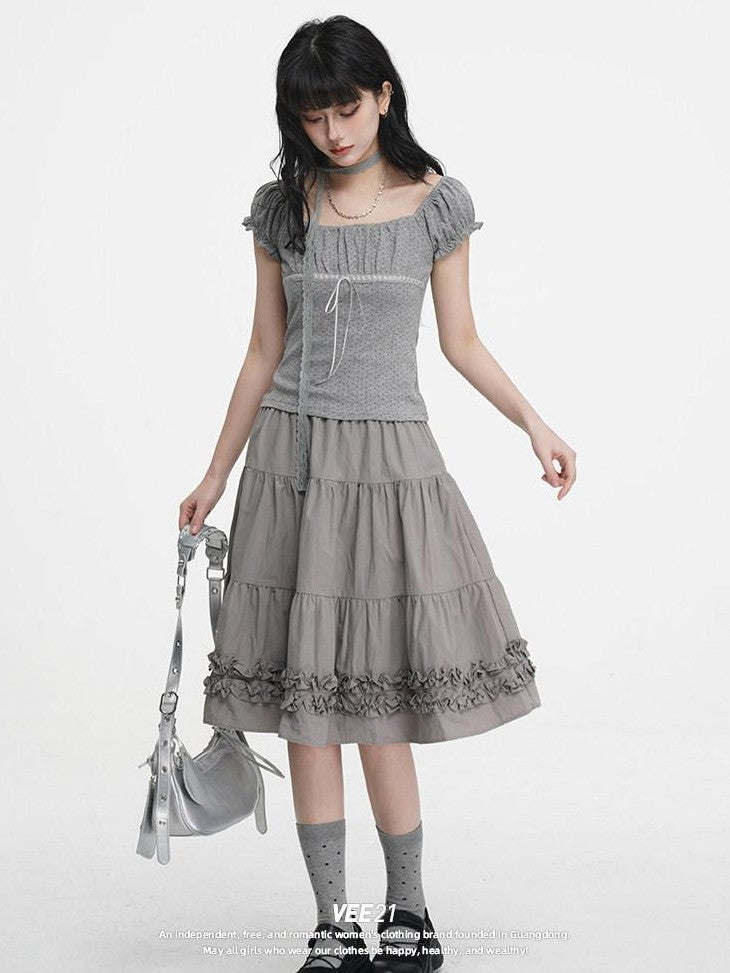VEEMIX Gray Polka Dot Pleated Puff Sleeve Women's Cotton Blend Short Sleeve T-shirts