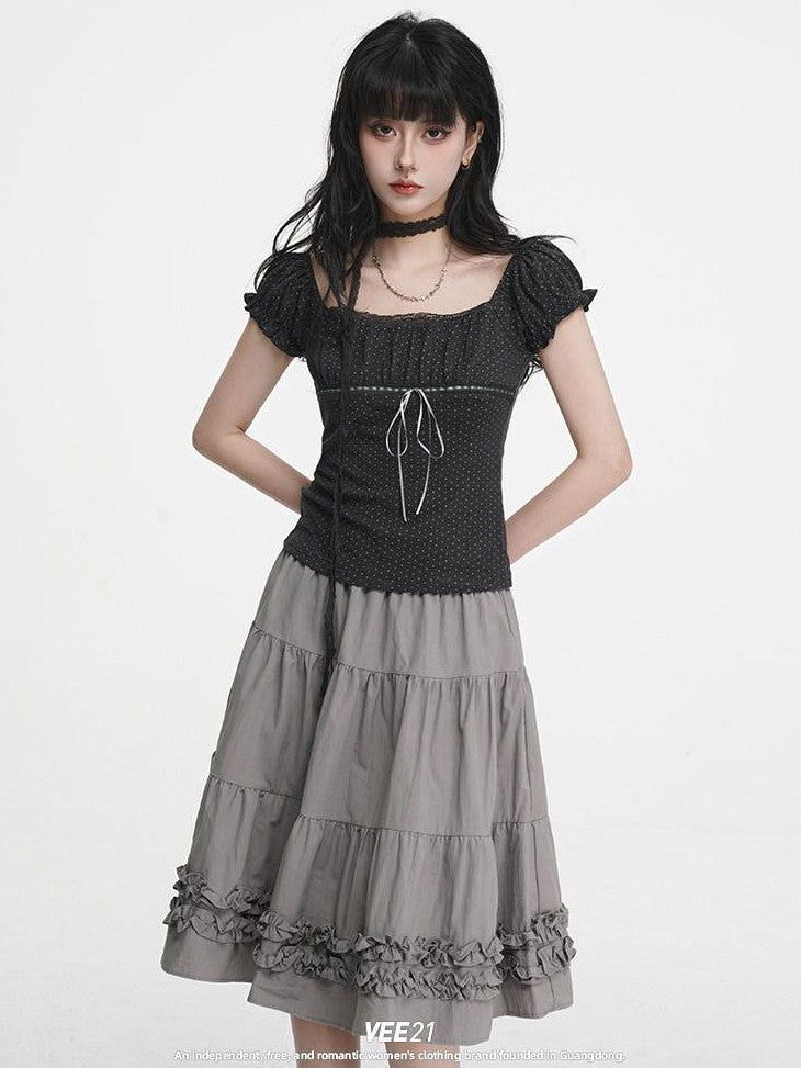 VEEMIX Gray Polka Dot Pleated Puff Sleeve Women's Cotton Blend Short Sleeve T-shirts
