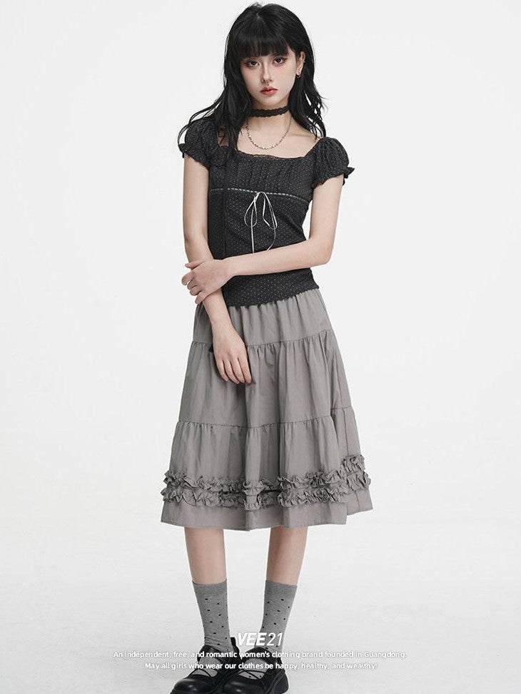VEEMIX Gray Polka Dot Pleated Puff Sleeve Women's Cotton Blend Short Sleeve T-shirts