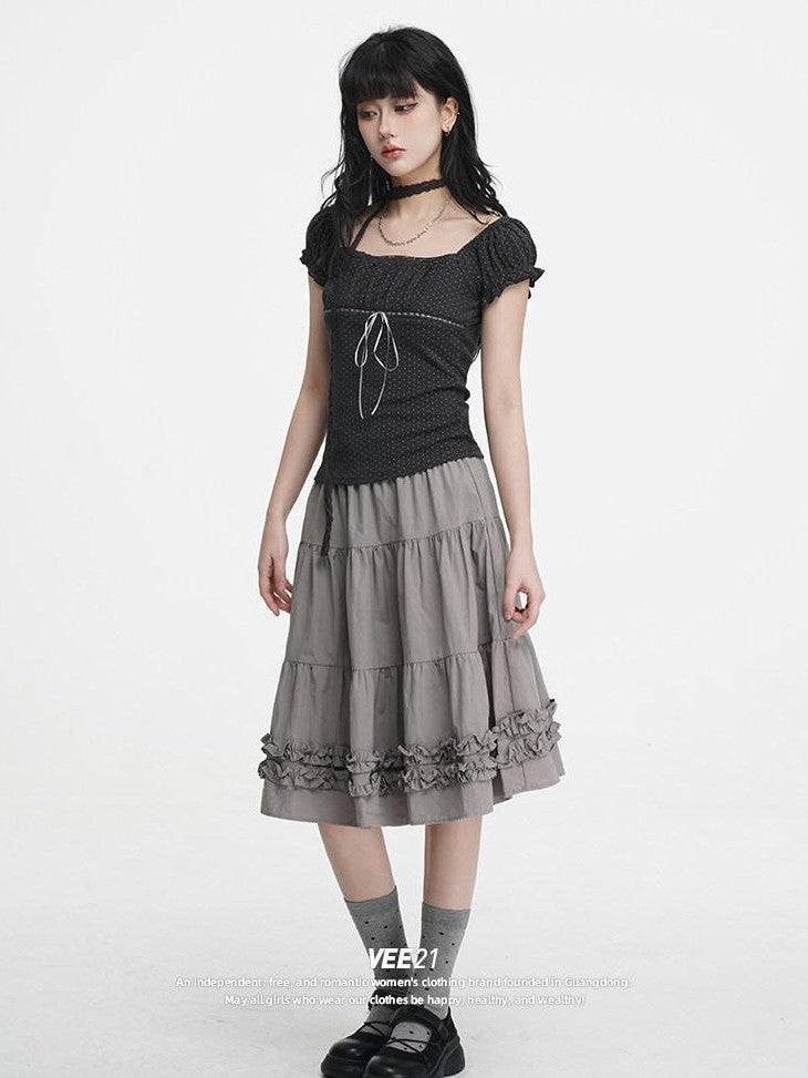 VEEMIX Gray Polka Dot Pleated Puff Sleeve Women's Cotton Blend Short Sleeve T-shirts