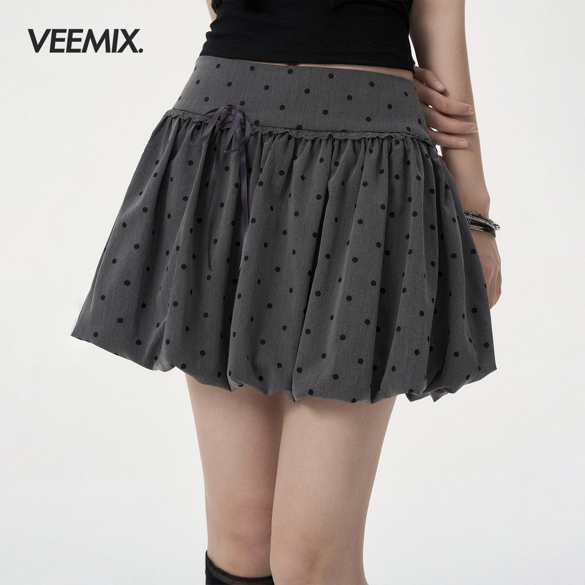 VEEMIX_Gray_Polka_Dot_Puff_Balloon_Bow_Women's_Polyester_Cotton_Mini_Skirts_1048202022967_MISSTT