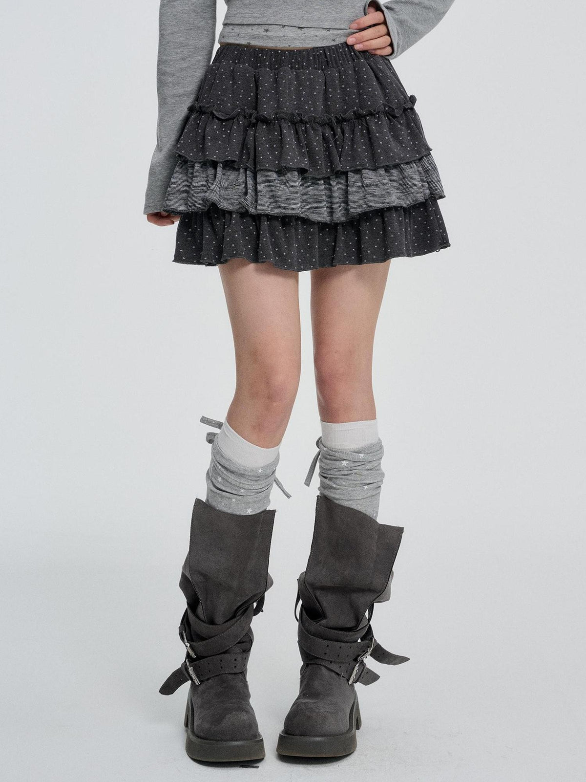 VEEMIX Gray Polka Dot Ruched Tiered High Waist Women's Polyester Mini Skirts
