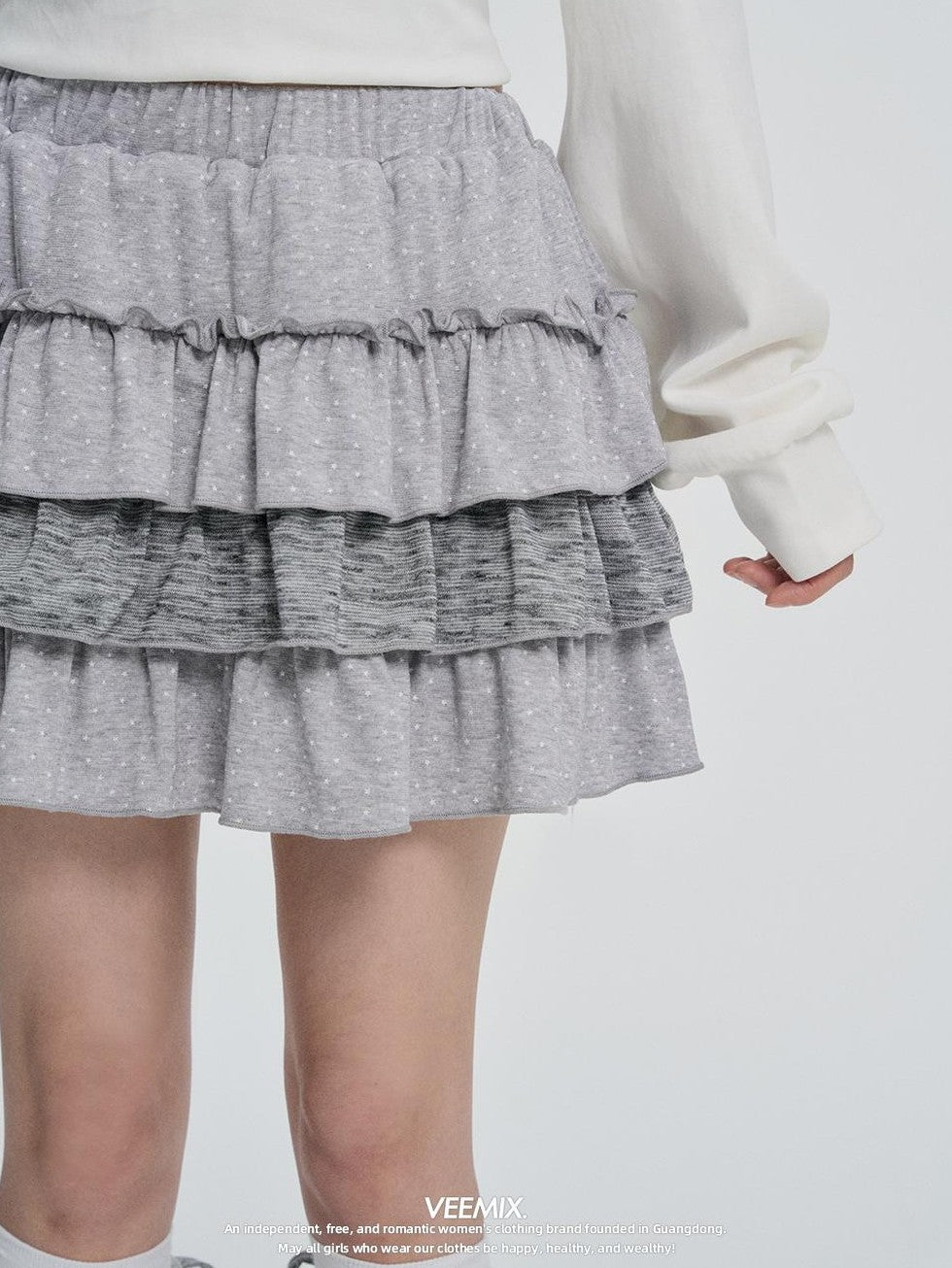 VEEMIX Gray Polka Dot Ruched Tiered High Waist Women's Polyester Mini Skirts