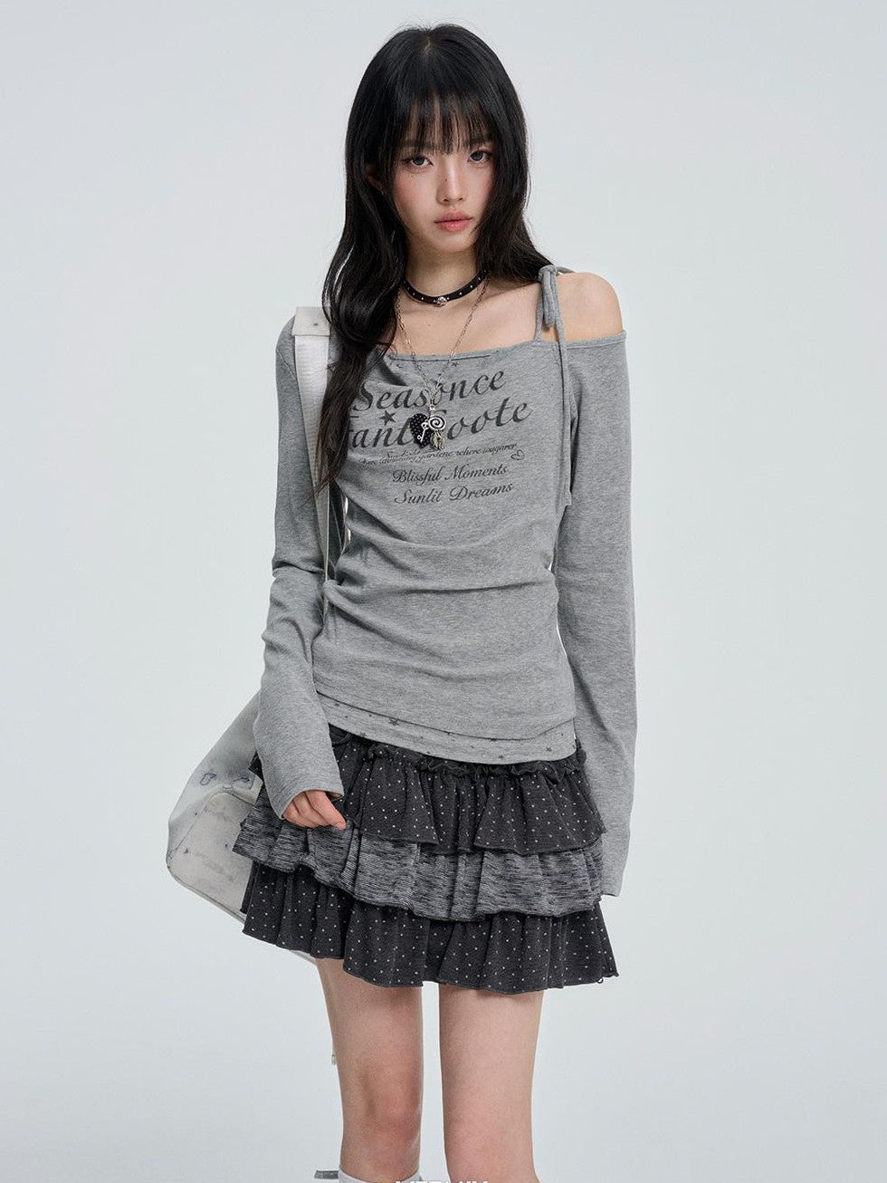 VEEMIX Gray Polka Dot Ruched Tiered High Waist Women's Polyester Mini Skirts