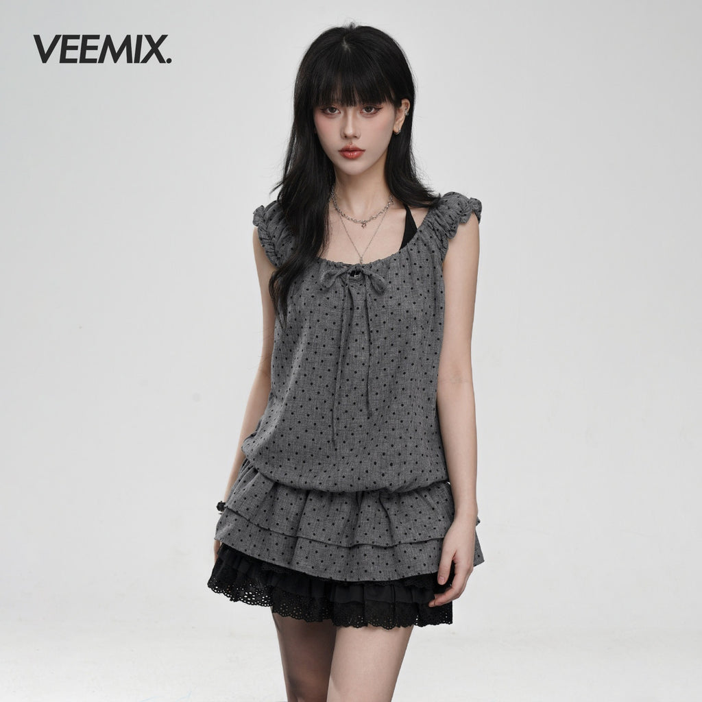 VEEMIX_Gray_Polka_Puff_Sleeve_Faux_Two_Piece_Women's_Polyester_Short_Sleeve_T-shirts_1042693951328_MISSTT