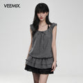 VEEMIX_Gray_Polka_Puff_Sleeve_Faux_Two_Piece_Women's_Polyester_Short_Sleeve_T-shirts_1042693951328_MISSTT