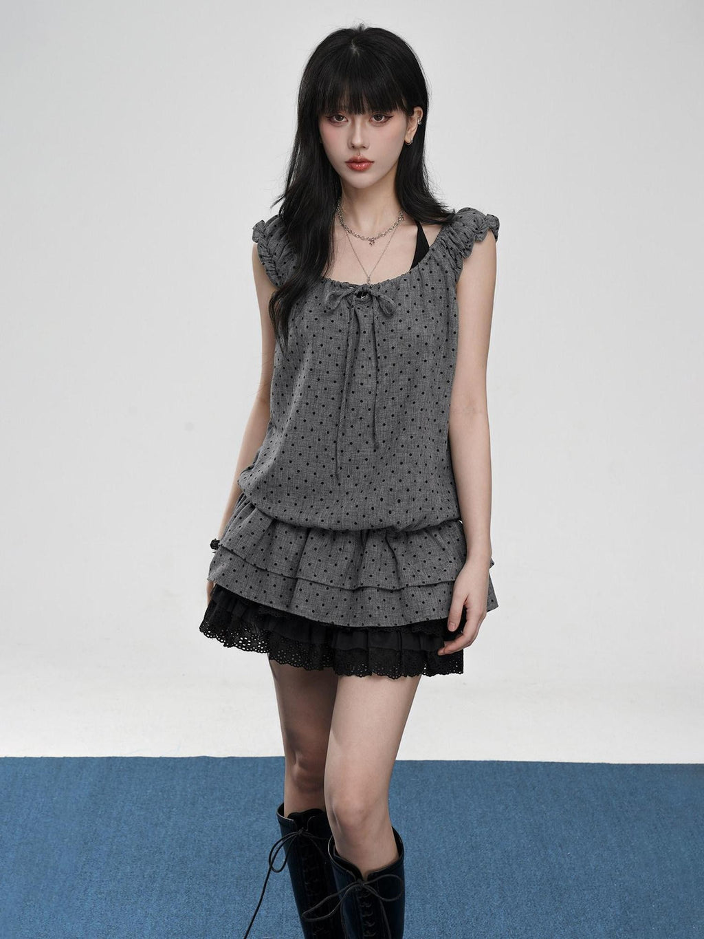 VEEMIX Gray Polka Puff Sleeve Faux Two Piece Women's Polyester Short Sleeve T-shirts