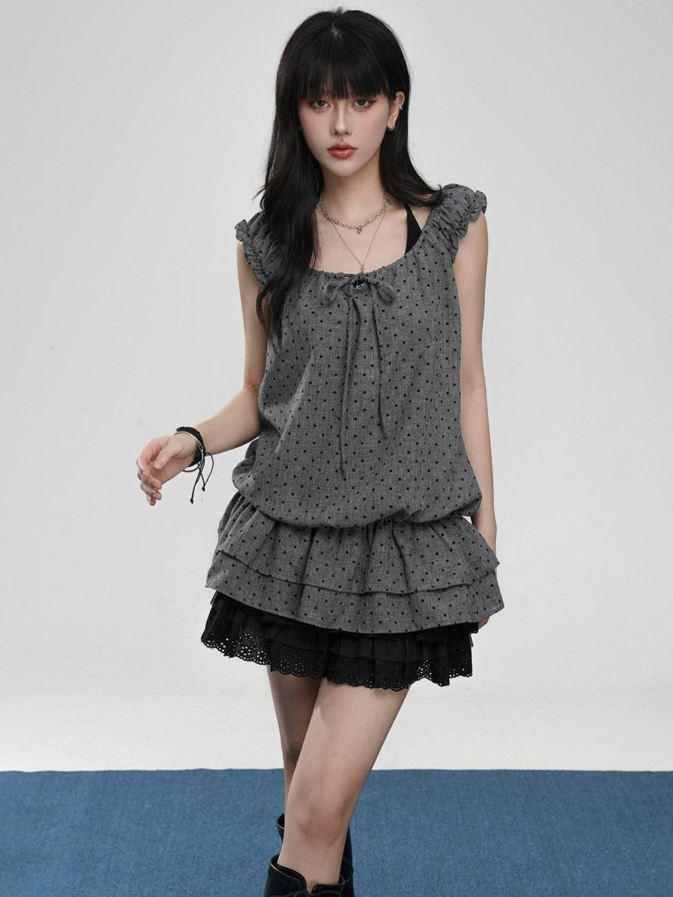 VEEMIX Gray Polka Puff Sleeve Faux Two Piece Women's Polyester Short Sleeve T-shirts