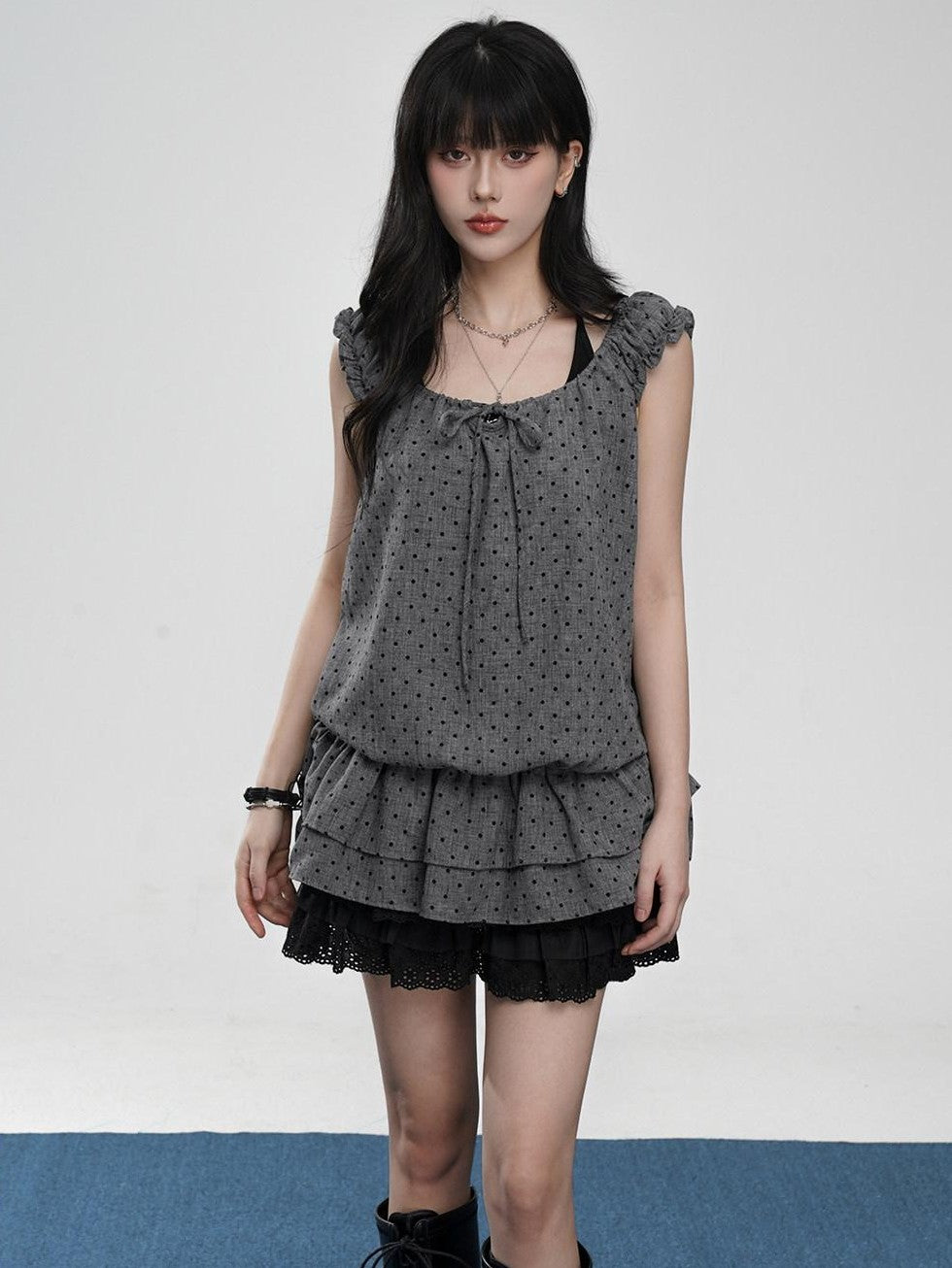 VEEMIX Gray Polka Puff Sleeve Faux Two Piece Women's Polyester Short Sleeve T-shirts