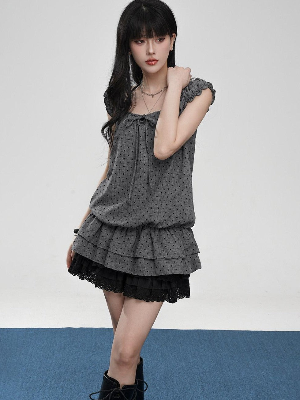 VEEMIX Gray Polka Puff Sleeve Faux Two Piece Women's Polyester Short Sleeve T-shirts