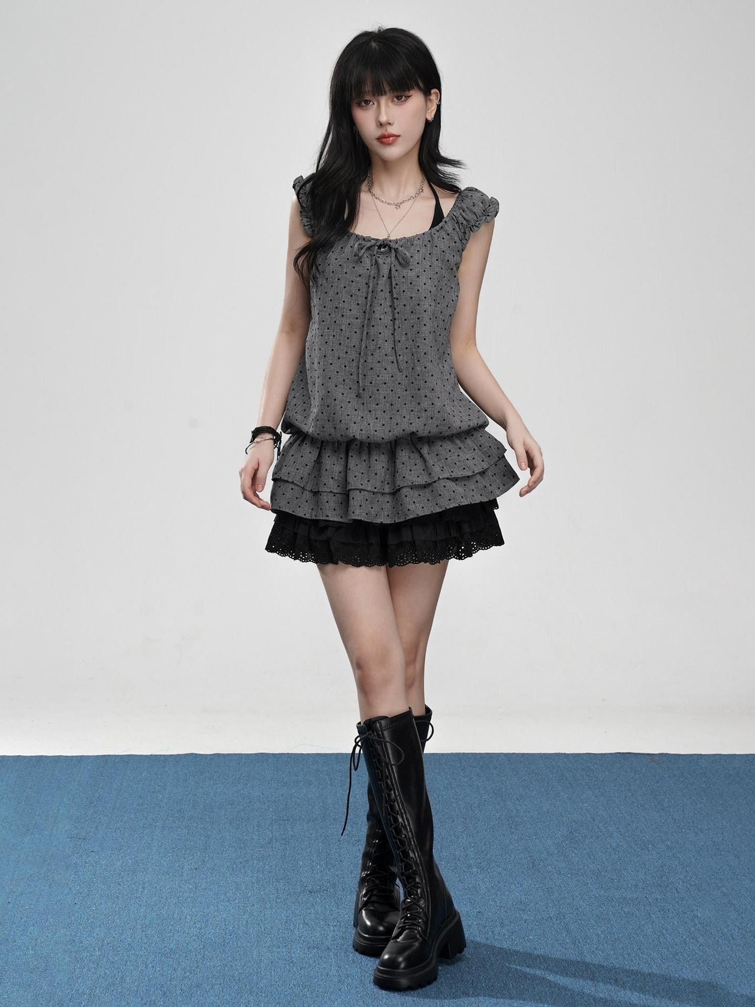 VEEMIX Gray Polka Puff Sleeve Faux Two Piece Women's Polyester Short Sleeve T-shirts