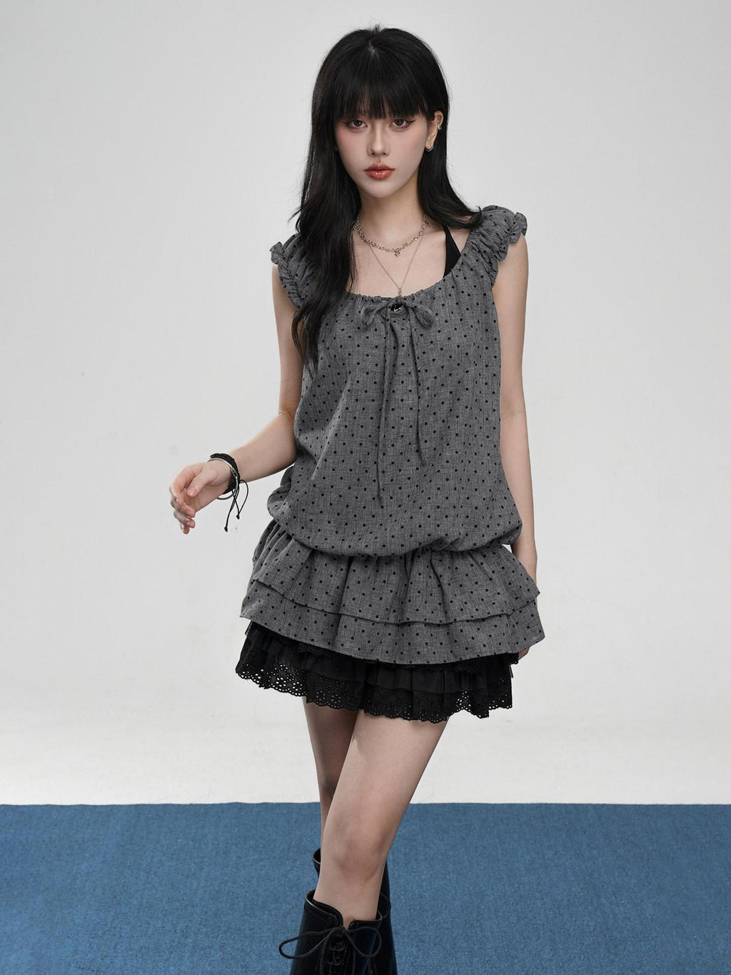 VEEMIX Gray Polka Puff Sleeve Faux Two Piece Women's Polyester Short Sleeve T-shirts