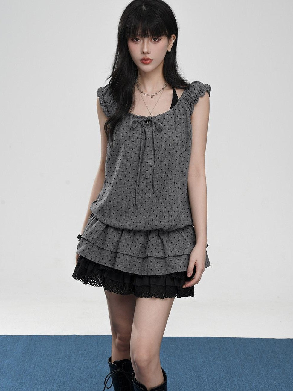 VEEMIX Gray Polka Puff Sleeve Faux Two Piece Women's Polyester Short Sleeve T-shirts