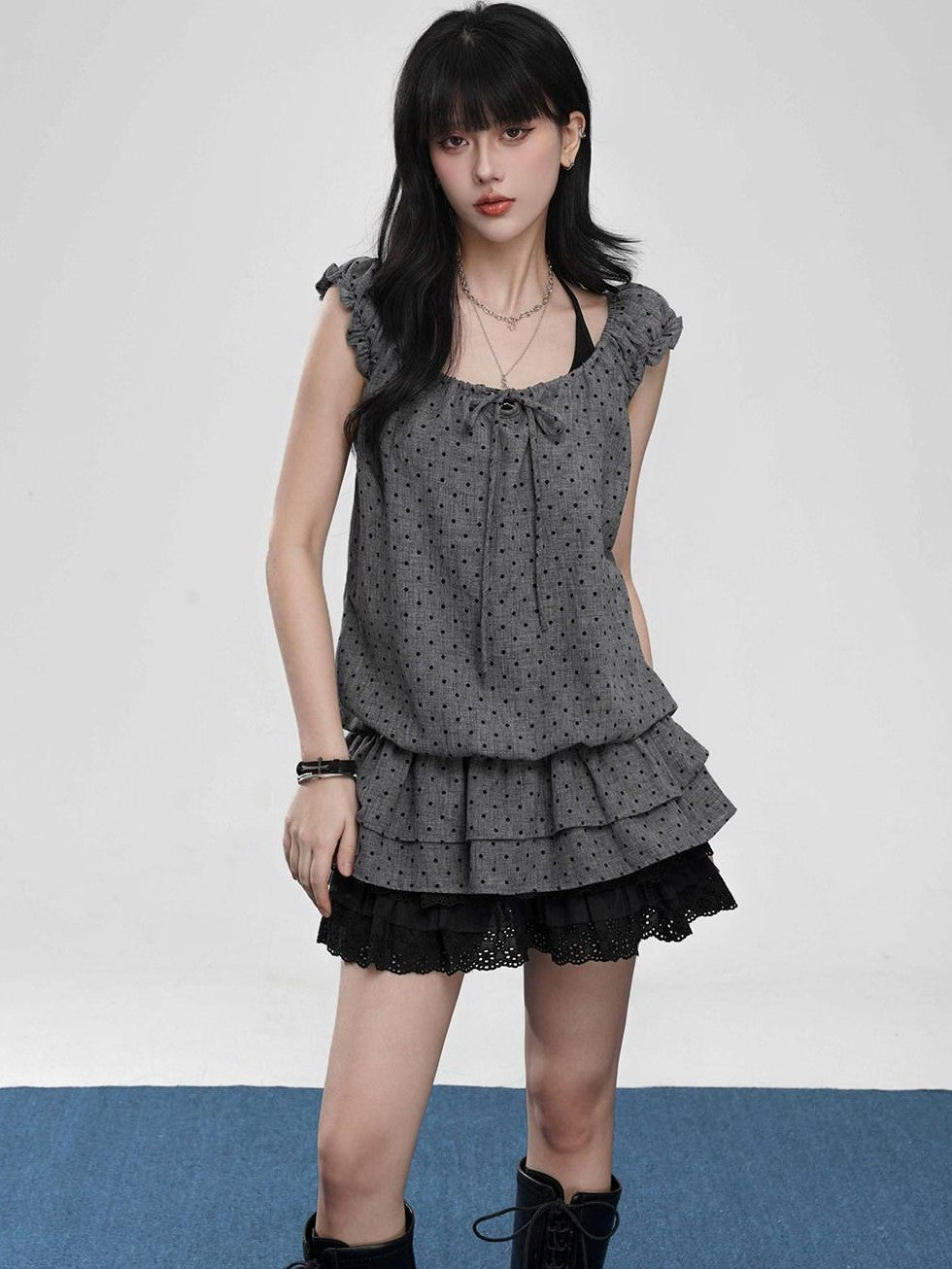VEEMIX Gray Polka Puff Sleeve Faux Two Piece Women's Polyester Short Sleeve T-shirts