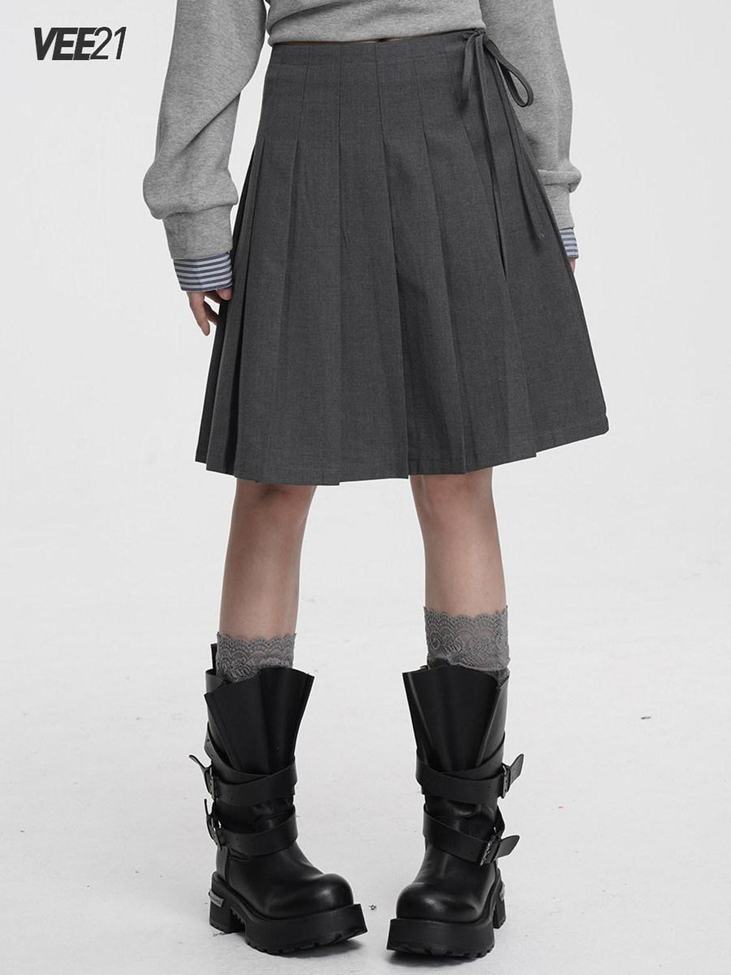 VEEMIX Gray Pressed Pleats Tie Detail A Line Women's Cotton Blend Pleated Skirts