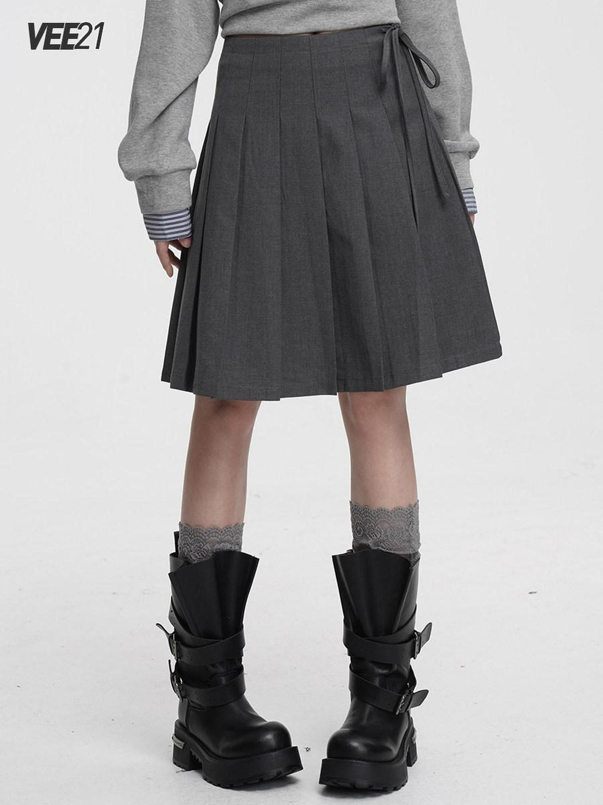 VEEMIX Gray Pressed Pleats Tie Detail A Line Women's Cotton Blend Pleated Skirts