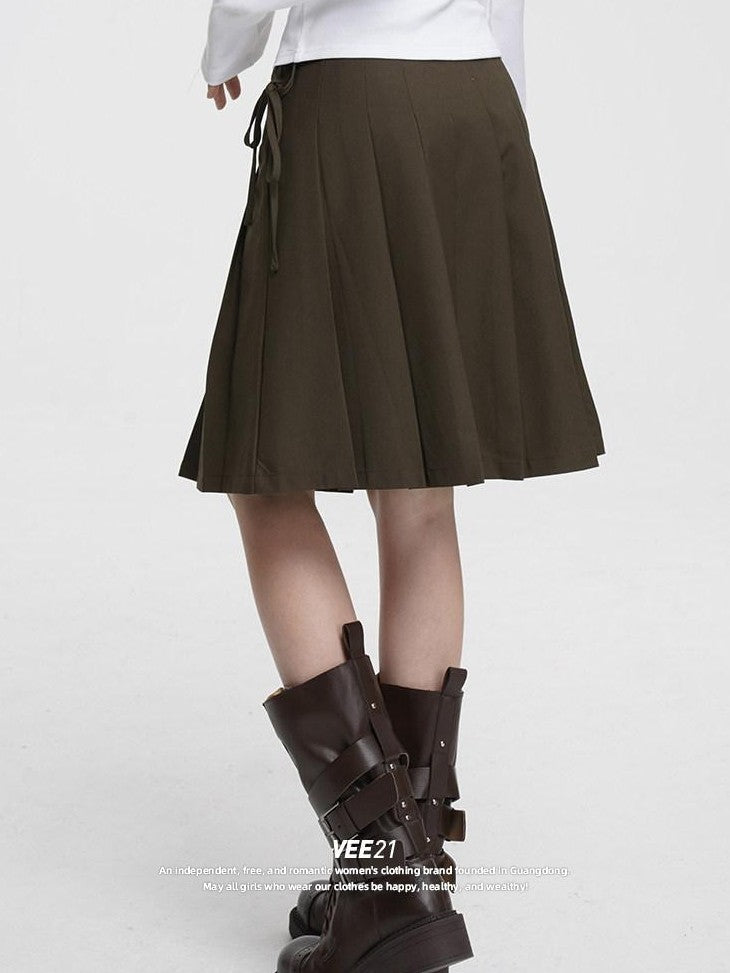 VEEMIX Gray Pressed Pleats Tie Detail A Line Women's Cotton Blend Pleated Skirts