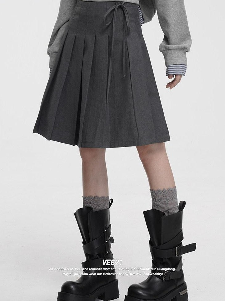 VEEMIX Gray Pressed Pleats Tie Detail A Line Women's Cotton Blend Pleated Skirts