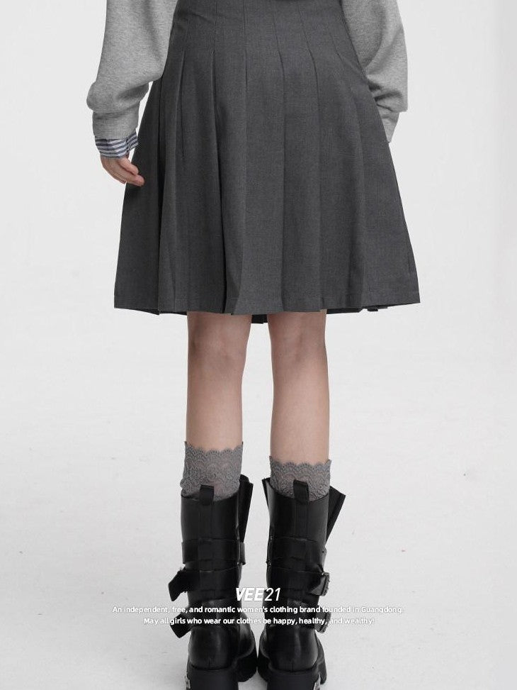 VEEMIX Gray Pressed Pleats Tie Detail A Line Women's Cotton Blend Pleated Skirts