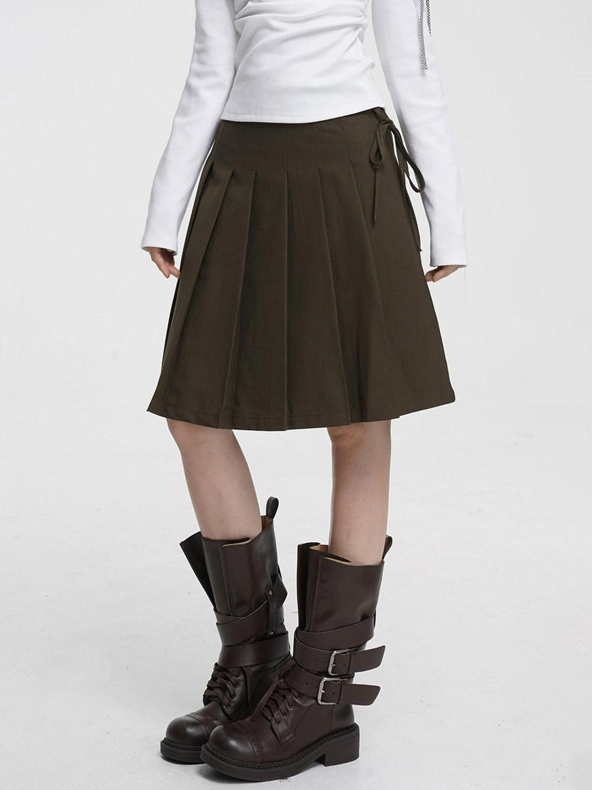 VEEMIX Gray Pressed Pleats Tie Detail A Line Women's Cotton Blend Pleated Skirts
