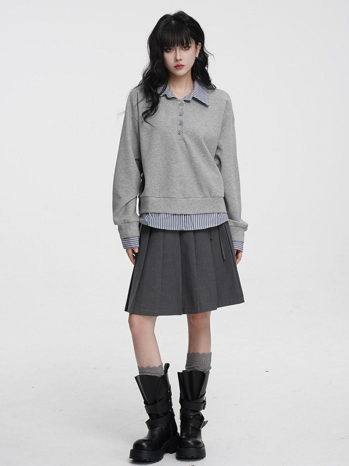 VEEMIX Gray Pressed Pleats Tie Detail A Line Women's Cotton Blend Pleated Skirts