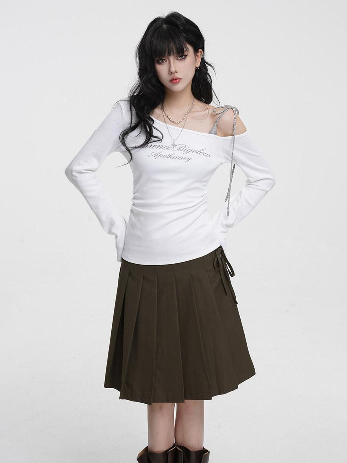 VEEMIX Gray Pressed Pleats Tie Detail A Line Women's Cotton Blend Pleated Skirts