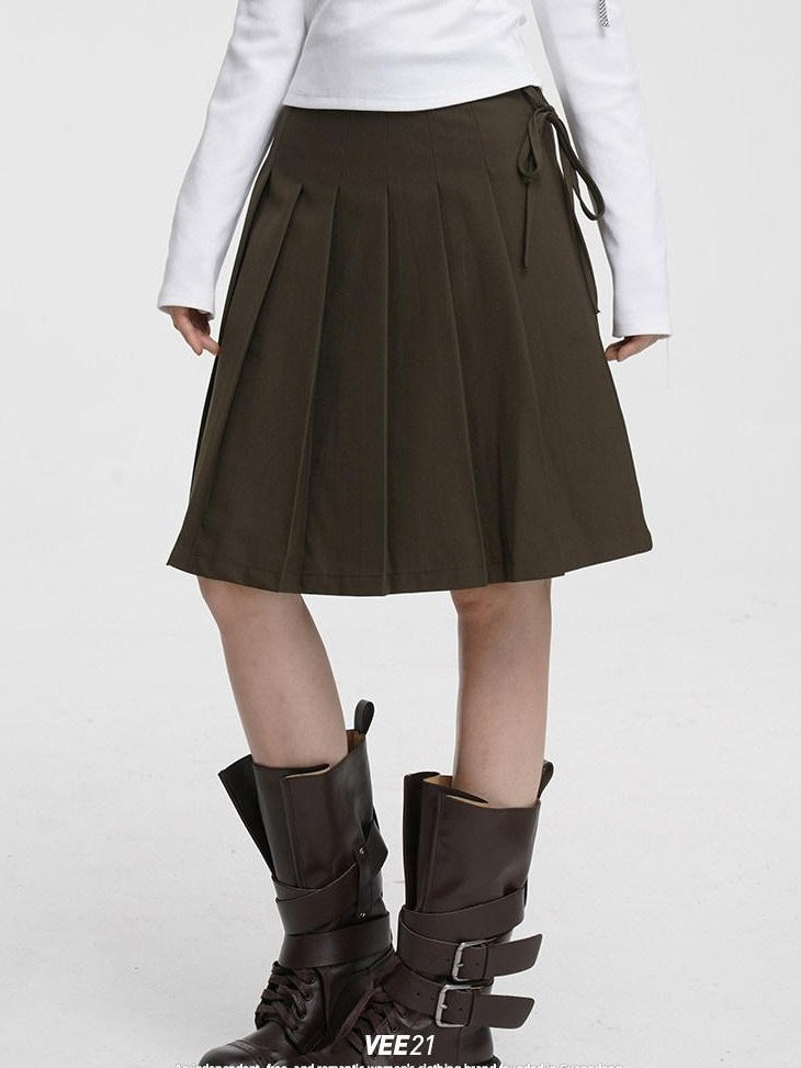 VEEMIX Gray Pressed Pleats Tie Detail A Line Women's Cotton Blend Pleated Skirts