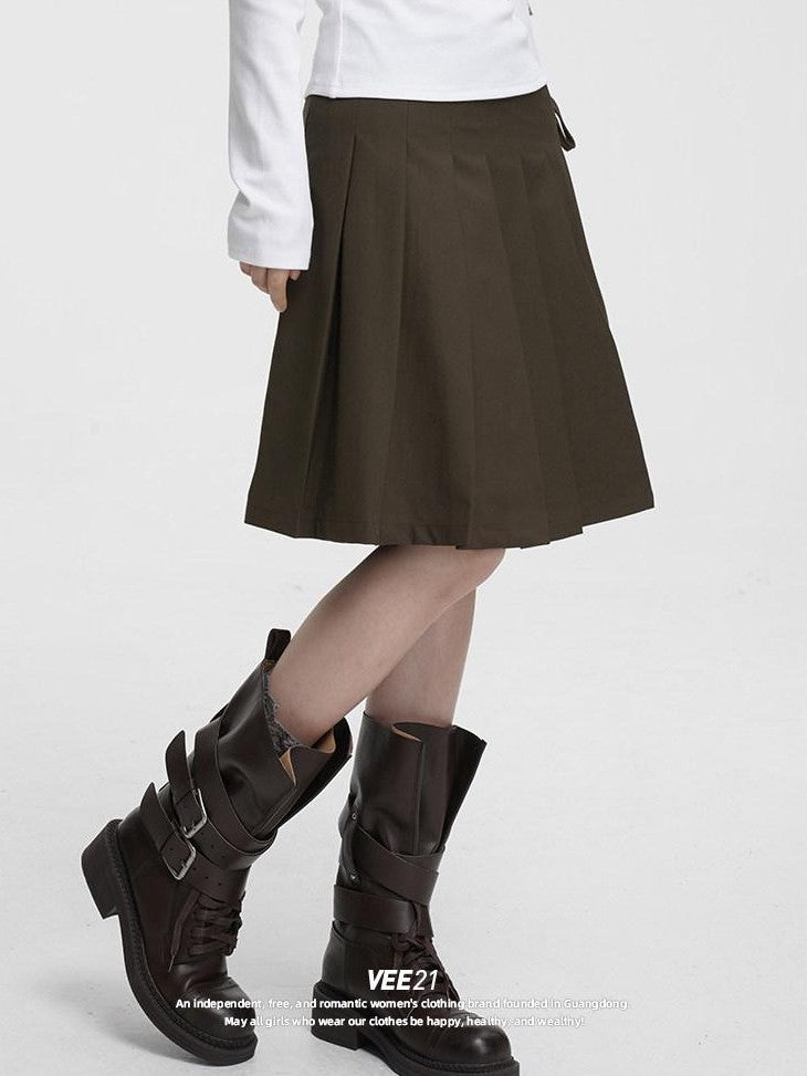 VEEMIX Gray Pressed Pleats Tie Detail A Line Women's Cotton Blend Pleated Skirts