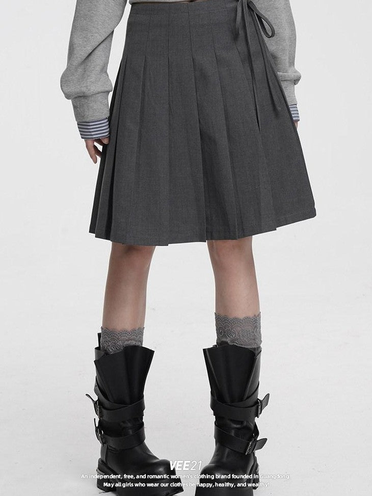 VEEMIX Gray Pressed Pleats Tie Detail A Line Women's Cotton Blend Pleated Skirts