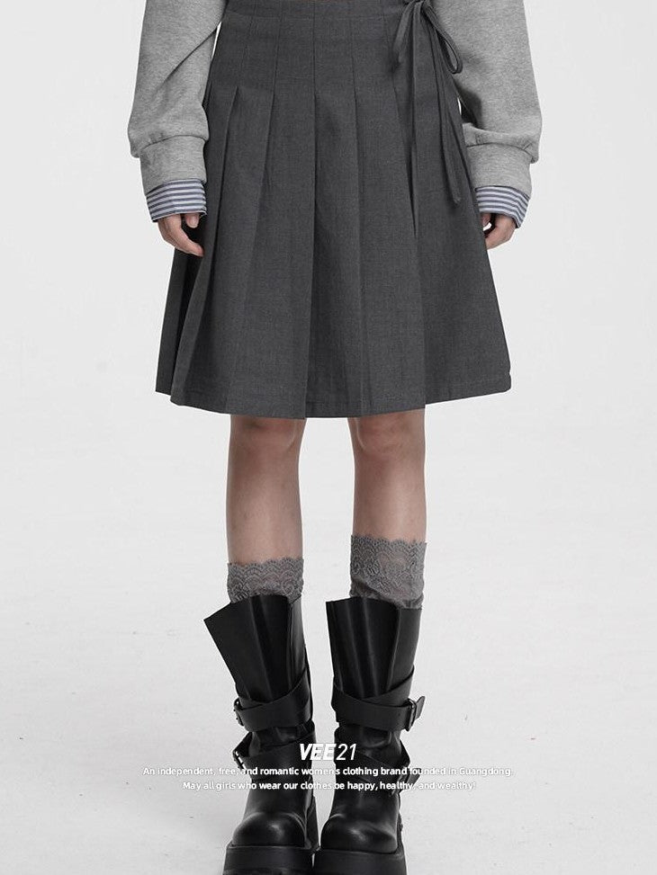 VEEMIX Gray Pressed Pleats Tie Detail A Line Women's Cotton Blend Pleated Skirts