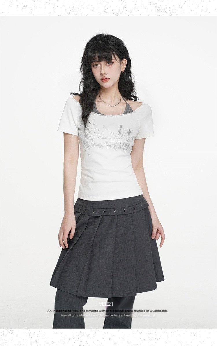 VEEMIX_Gray_Print_Halter_Lace_Faux_Two_Piece_Women's_Cotton_Short_Sleeve_T-shirts_1016662953542_MISSTT