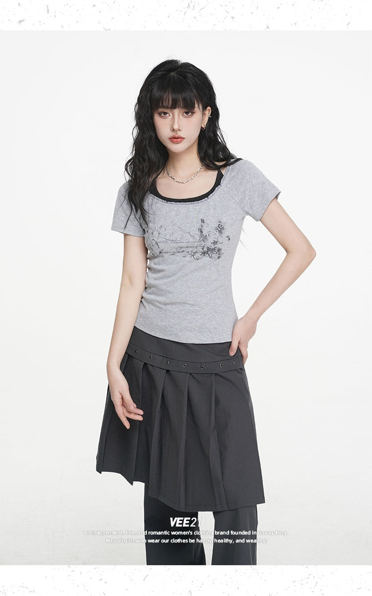 VEEMIX_Gray_Print_Halter_Lace_Faux_Two_Piece_Women's_Cotton_Short_Sleeve_T-shirts_1016662953542_MISSTT